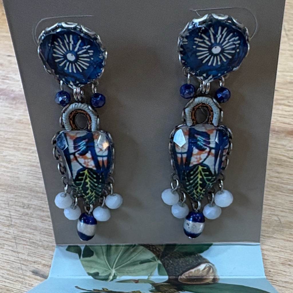 Ayalabar Mosaic Artisan Blue And Green And White Floral Earrings